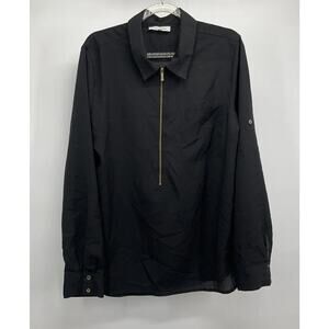 Calvin Klein Zip Front Roll Tab Sleeve Black Sheer Blouse M Popover Officecore